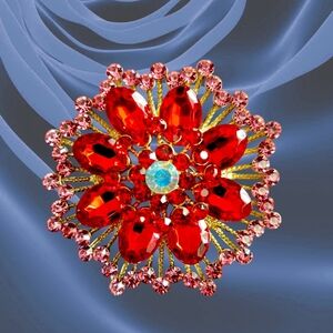 Red and Pink Rhinestone Floral Brooch